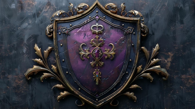 Fantastico stemma antico con lame dorate viola e scudo di ferro in 3D