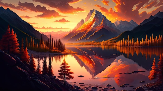 Fantastico tramonto sul lago di montagna con riflesso nell'acqua 3d illustrazione