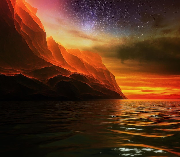 Fantastico tramonto sulle rocce contro il cielo e riflessi nell'illustrazione d'acqua