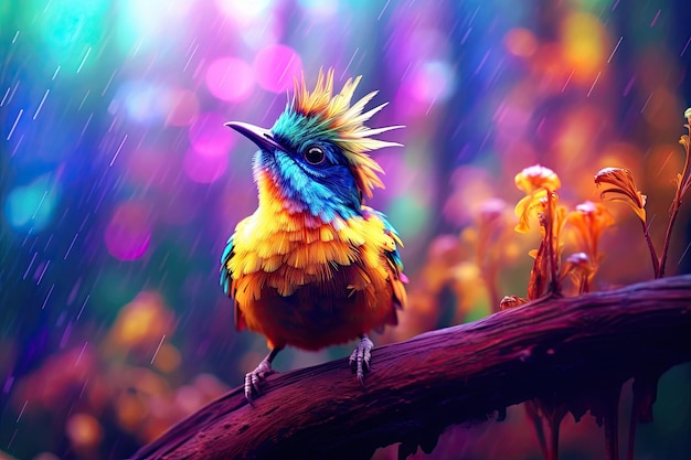 Fantastico uccello magico con piume multicolori in una foresta AI generativa