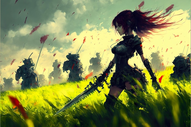 Fantasy anime ragazza guerriera sul campo verde