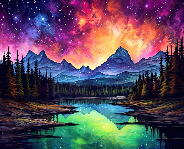 Fantasy arte pittura notte paesaggio acquerello colorato montagne fiume alberi cielo stelle sfondo