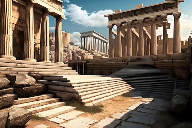 Fantasy Athens landmark Acropoli e l'Odeon di Herodes Atticus Herodeion subito dopo l'alba Rete neurale AI generata