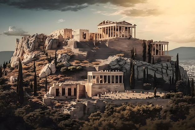 Fantasy Athens landmark Acropoli e l'Odeon di Herodes Atticus Herodeion subito dopo l'alba Rete neurale AI generata