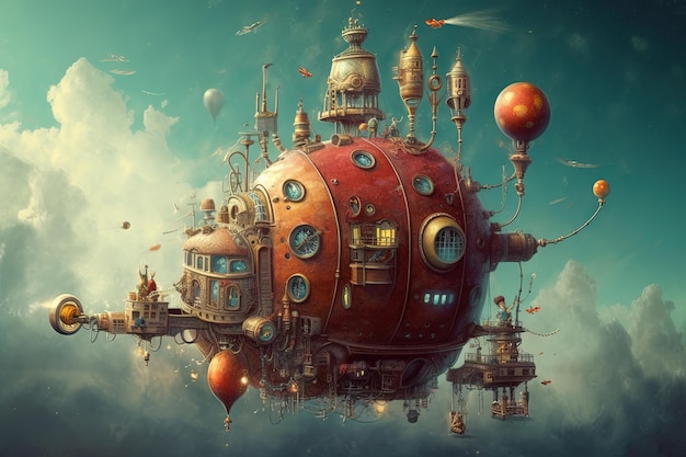 Fantasy balloon city steam punk cyber town illustrazione generativa ai