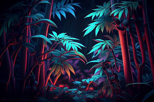 Fantasy bamboo forest neon colora luci magiche nella foresta Generative aix9