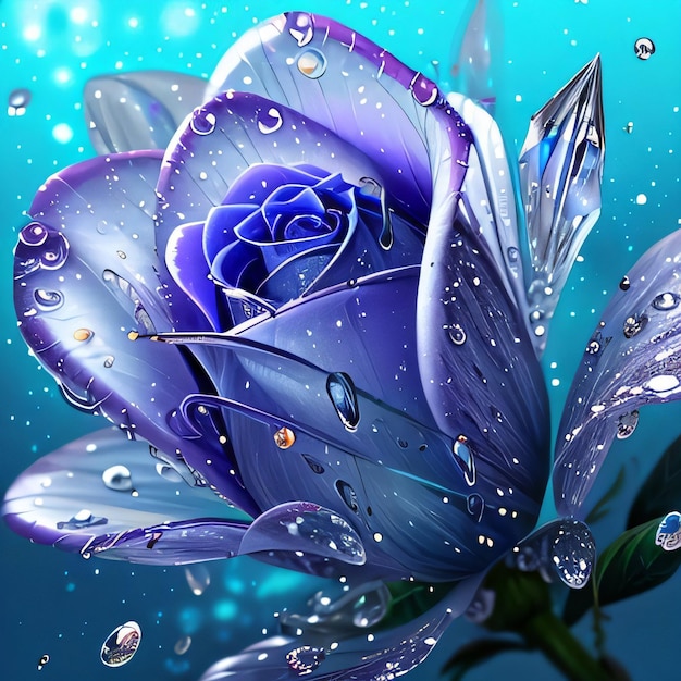 Fantasy Blue Magick Crystal Rose con spruzzi d'acqua e sfondo di carta da parati di diamanti