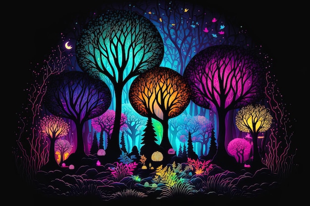 Fantasy bosco al neon con colori abbaglianti che amano una storia