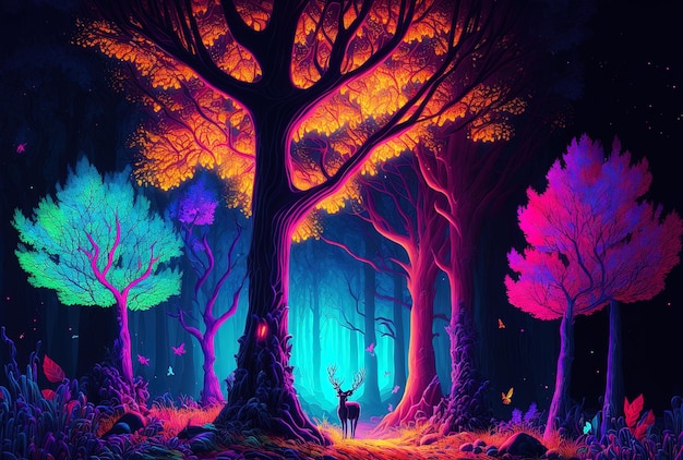 Fantasy bosco al neon con colori abbaglianti che amano una storia