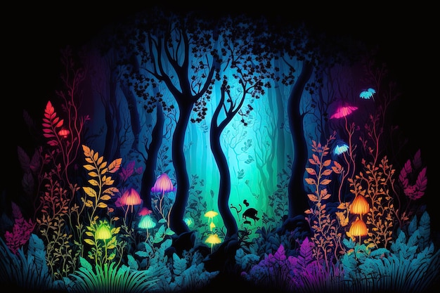 Fantasy bosco illuminato al neon con fogliame luminoso che ricorda un libro di fiabe