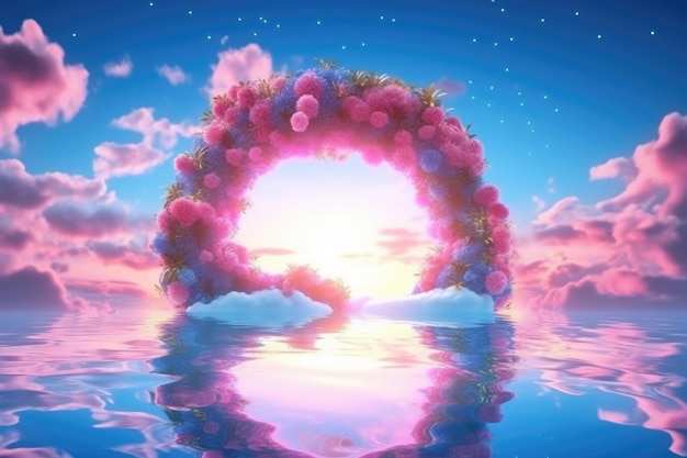 Fantasy cornice floreale con nuvole bianche riflesse nell'acqua Bianche soffici nuvole Paradiso della realtà