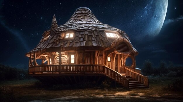 Fantasy cottage in legno nella notte magica Spazio profondo Grande casa in legno AI Generativo