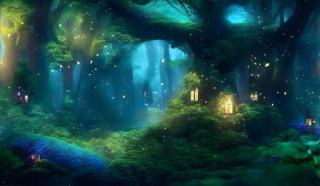 Fantasy fiaba sfondo Fantasy foresta incantata con magiche piante luminose AI Generato