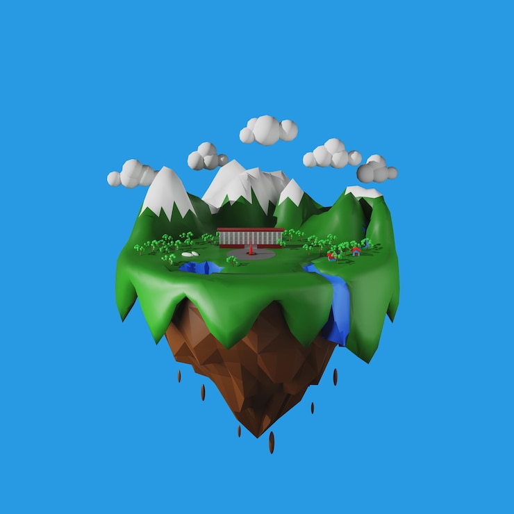 Photo fantasy floating island with a hotel in the sky surreal flying island with green grass ground 3d rendering