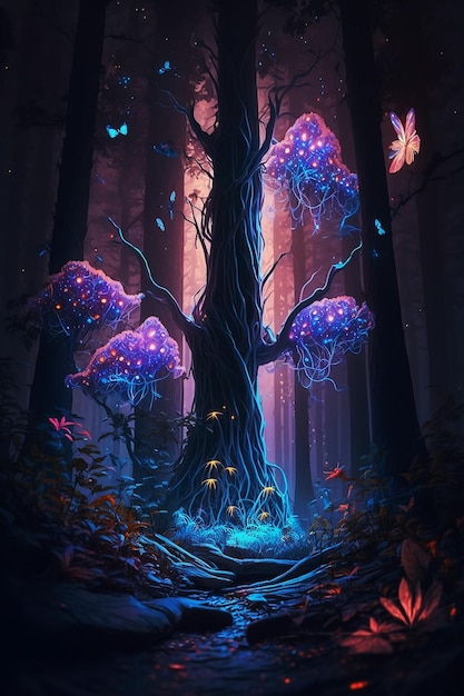 Fantasy foresta incandescente di notte