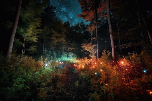 Fantasy foresta magica con luci incandescenti IA generativa