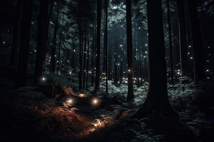 Fantasy foresta magica con luci incandescenti IA generativa