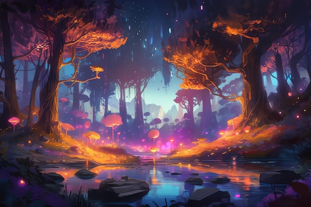 fantasy foresta magica e illustrazione del lago concept art