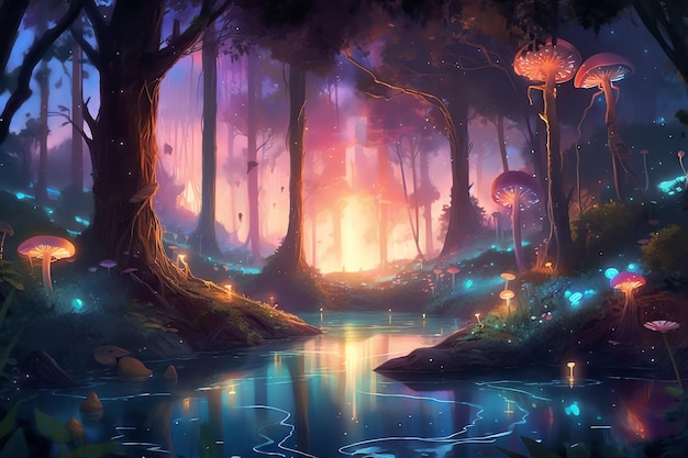 fantasy foresta magica e illustrazione del lago concept art