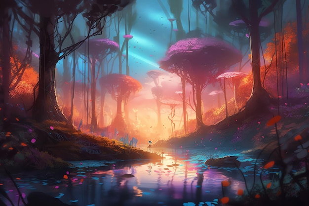 fantasy foresta magica e illustrazione del lago concept art