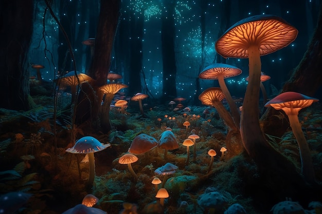 Fantasy foresta notturna con funghi luminosi