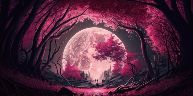 Fantasy foresta rosa con alberi ad alto fusto nella notte di luna piena