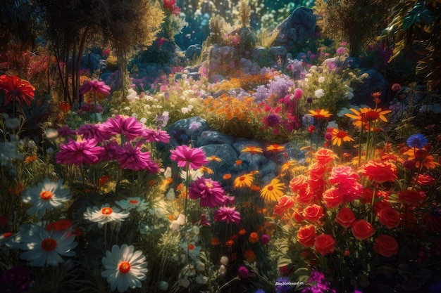 Fantasy giardino fiorito con fiori che sbocciano di tutte le forme e colori