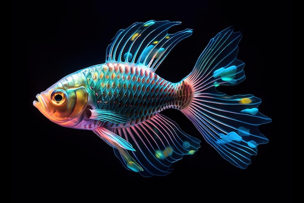 Fantasy Glowfin glpwing pesce bioluminescente con squame iridescenti e un'esca che emette luce che illumina l'abisso oscuro illustrazione generativa ai