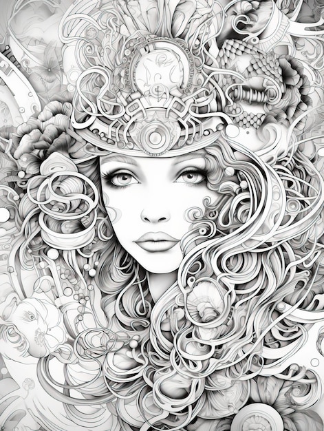 Fantasy inchiostro ritratto disegno in bianco e nero di una donna