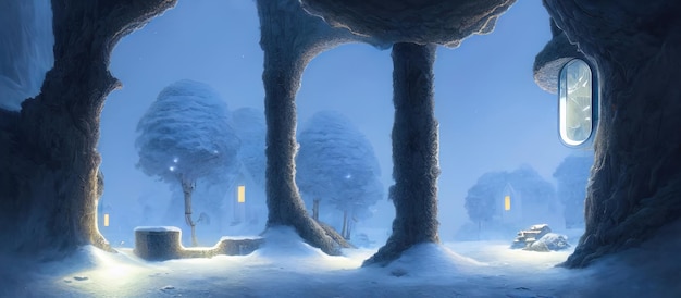 Fantasy inverno casa sull'albero nella neve fredda fantasia astratta paesaggio alberi cumuli di neve neve capsula casa