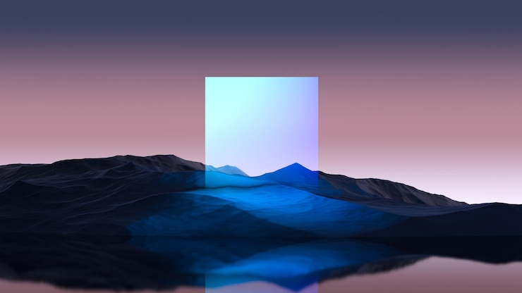Photo fantasy landscape of mountains water sky horizon at dusk with glowing abstract landscape 3d render