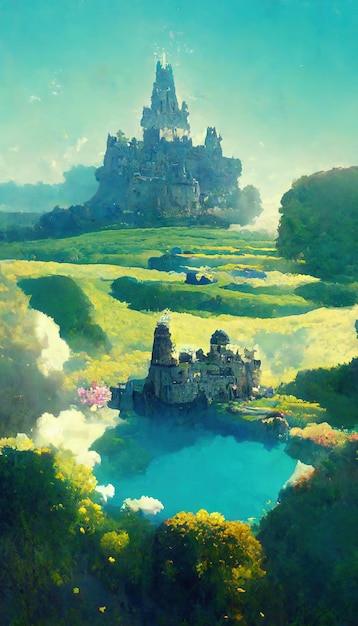 Fantasy landscapegreen campi castello in lontananza art