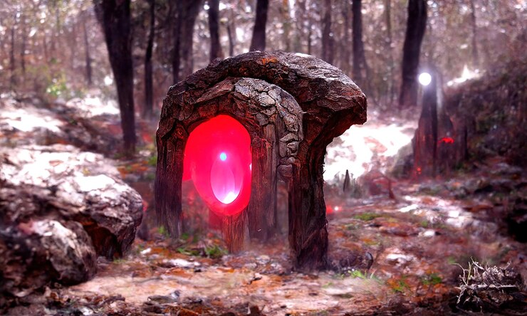 Foto fantasy magico portale da favola nella foresta portale rotondo in pietra teletrasporta sugli alberi in altri mondi fantastico paesaggio altare magico nella foresta