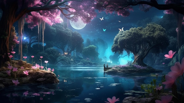 Fantasy meravigliosa scena fiabesca incantata con il lago delle meraviglie Generative AI