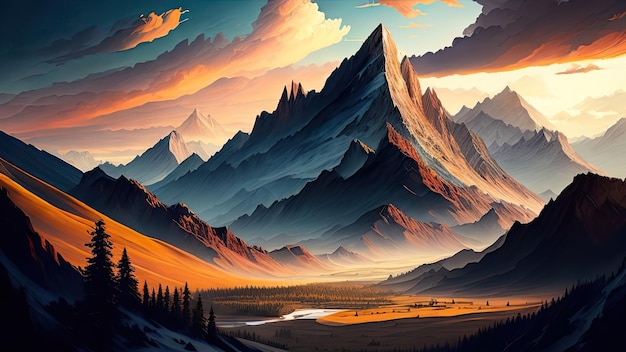 Fantasy paesaggio montano con lago e foresta illustrazione 3D