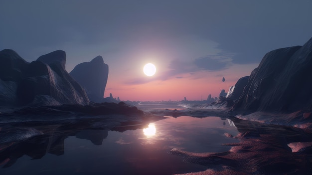 Fantasy paesaggio notturno con la luna piena IA generativa