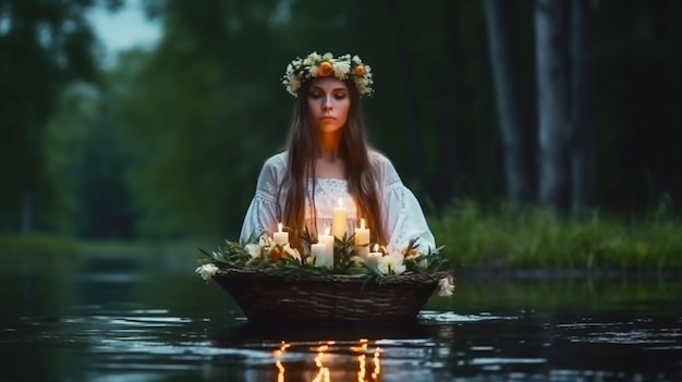 Fantasy ragazza sirena ninfa si trova in acqua ghirlanda di erbe floa candele burningholiday Ivan Kupala