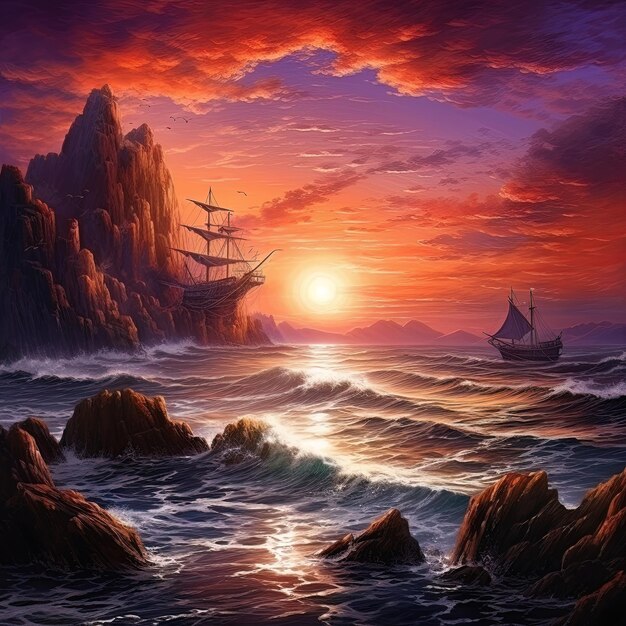 Fantasy seascape neon al tramonto