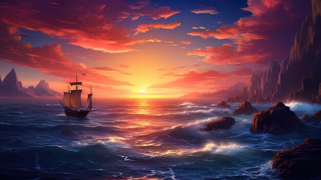 Fantasy seascape neon al tramonto