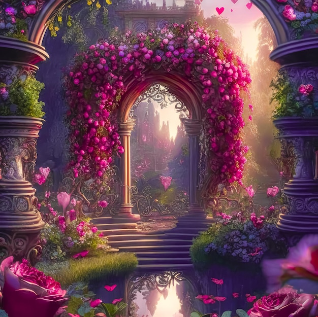 Fantasy sfondo romantico con roseto e arco di fiori IA generativa