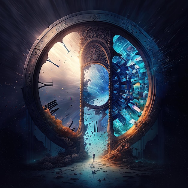 Fantasy temporaneo maestoso portale in pietra verso un altro mondo Portale del tempo Misterioso paesaggio fantasy orologio ad arco rotondo luce noen vista notturna illustrazione 3D