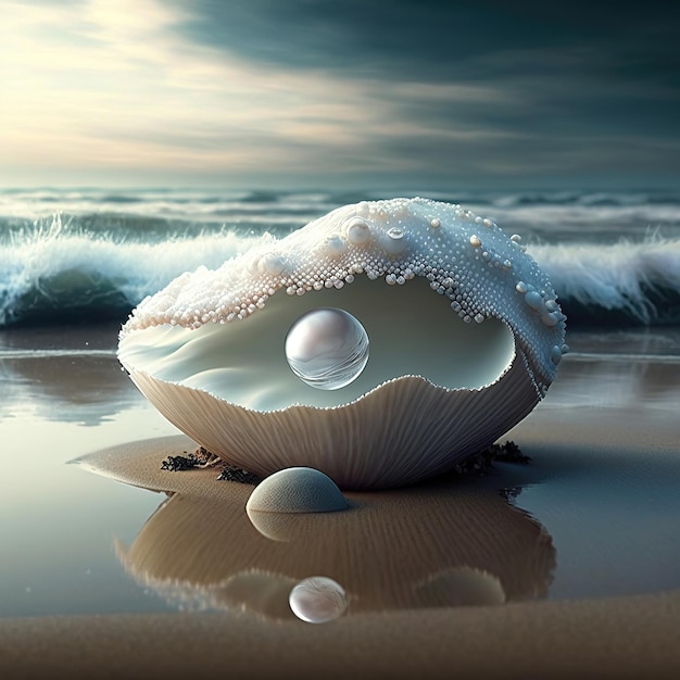 Fantasy vista sul mare conchiglia con perle sulle onde dell'oceano mare schiuma tramonto AI