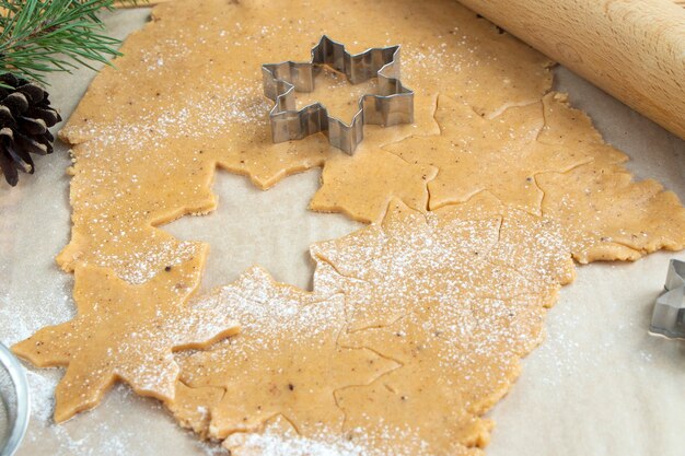 fare biscotti di pan di zenzero fatti in casa Tagliabiscotti con fiocchi di neve Cuoco tradizionale di pan di zenzero di Natale