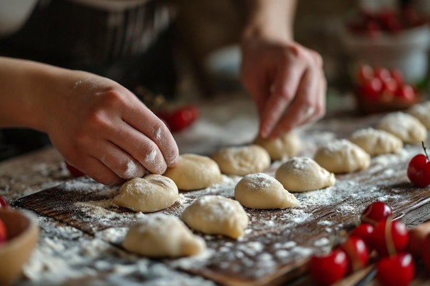 Fare gnocchi a forma di cuore con ciliegie sul tavolo