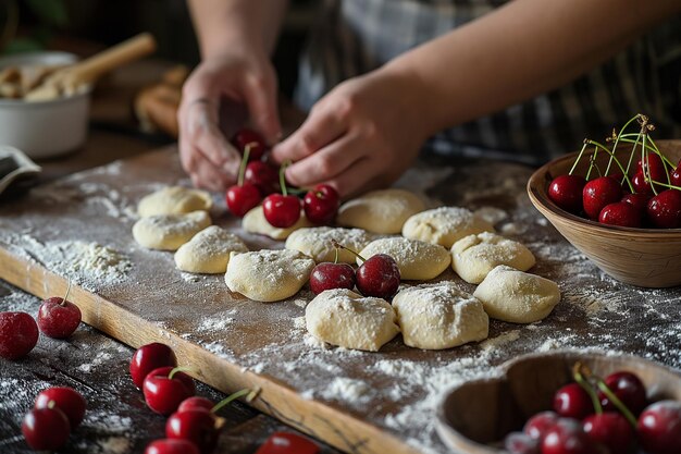 Fare gnocchi a forma di cuore con ciliegie sul tavolo