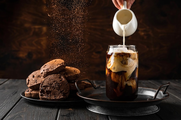 Fare il caffè freddo. Versare la panna da una lattiera in un bicchiere. Biscotti al cioccolato su un piatto.