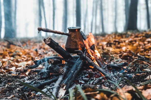 Fare il caffè sul rogo. Prepara un caffè o un tè sul fuoco della natura. Fuoco bruciato. Un posto per il fuoco. Ceneri e carbone.