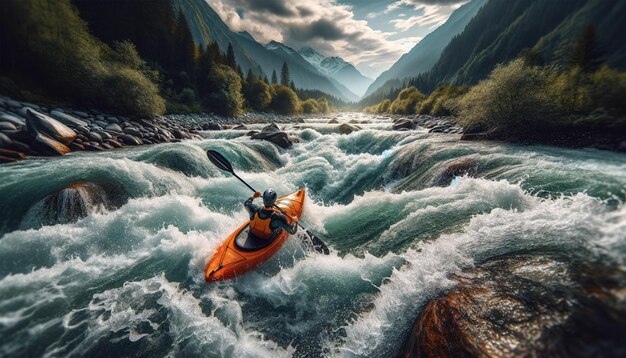 fare il kayak lungo un fiume veloce d'acqua bianca nelle montagne