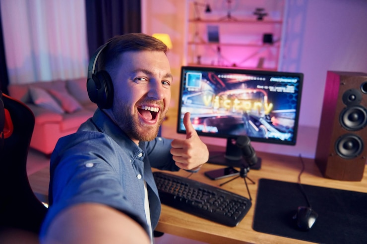 Foto fare selfie urlando e celebrando la vittoria streamer online che gioca a sparatutto fps a casa