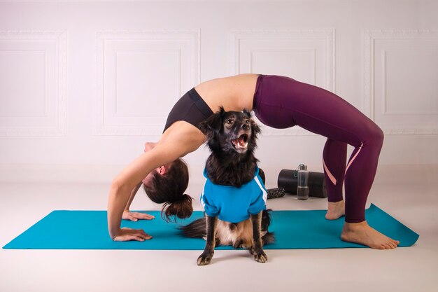 Fare sport con un cane. Attraente giovane donna che lavora sul tappetino fitness blu con il suo cane. Donna atletica che fa esercizio. Forza e motivazione, stile di vita sano. Forma fisica femminile. Colpo orizzontale.